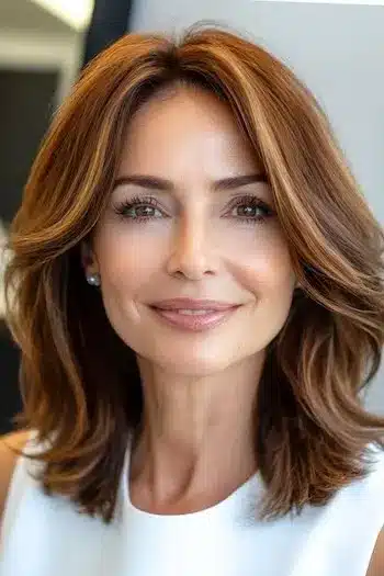 Medium-Length Layered Waves Haircut on a smiling woman with brown hair.