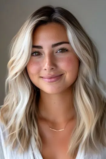 Beachy Medium-Length Waves Haircut on a smiling woman with blonde hair and dark roots.