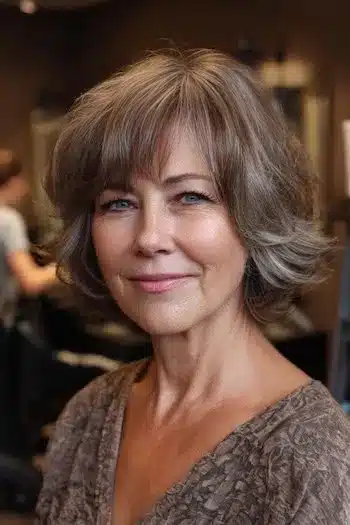 Curled layered bob with side-swept bangs