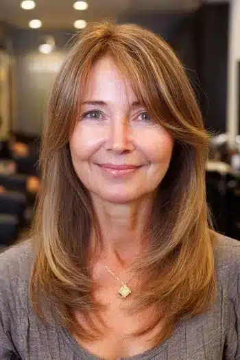 Long layers with wispy side-swept bangs for mature hair