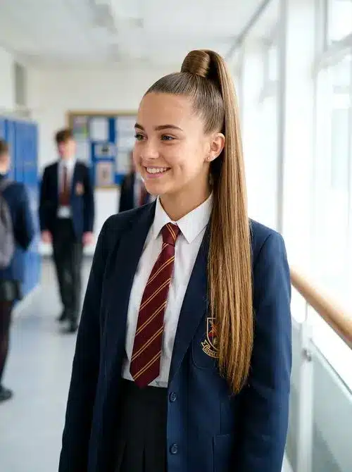 High ponytail with wrapped base for school