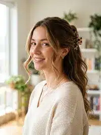 Face framing half up claw clip hairstyle
