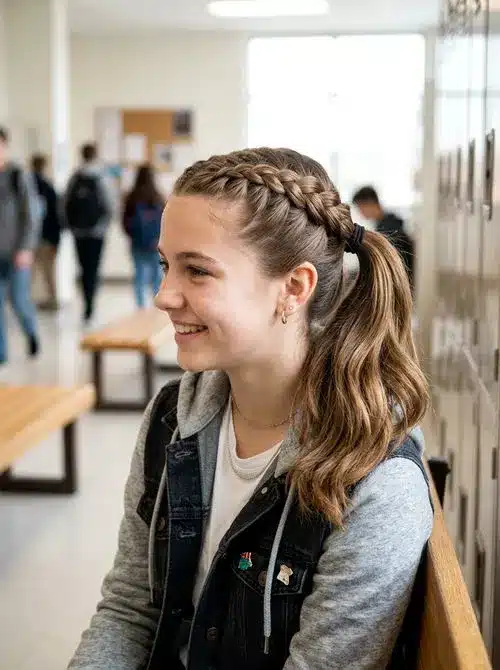 Dutch braid ponytail hairstyle for school mornings