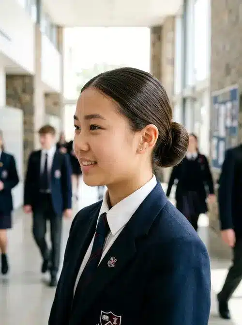 Sleek low bun for school events