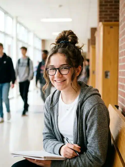 Messy top knot hairstyle for quick school mornings