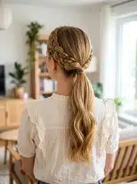 Braided crown into low ponytail for school