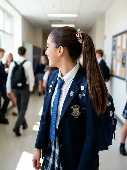 Accessorized ponytail for school mornings