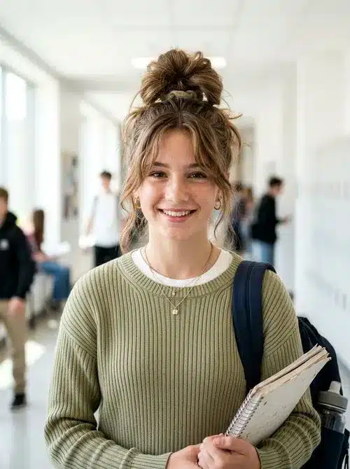 Messy bun with face framing pieces for school