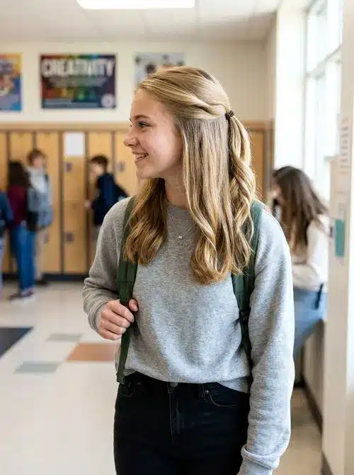 Tucked half up ponytail for school