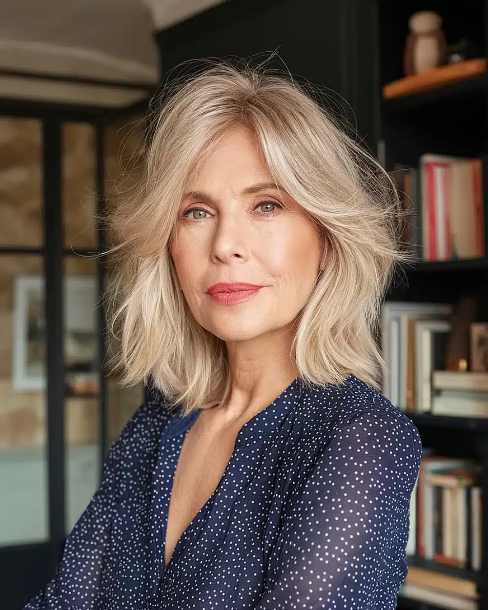 Medium-length shaggy bob haircut with feathered ends and side part for mature women, featuring 20+ youthful shaggy hairstyles women over 50 are wearing in 2026