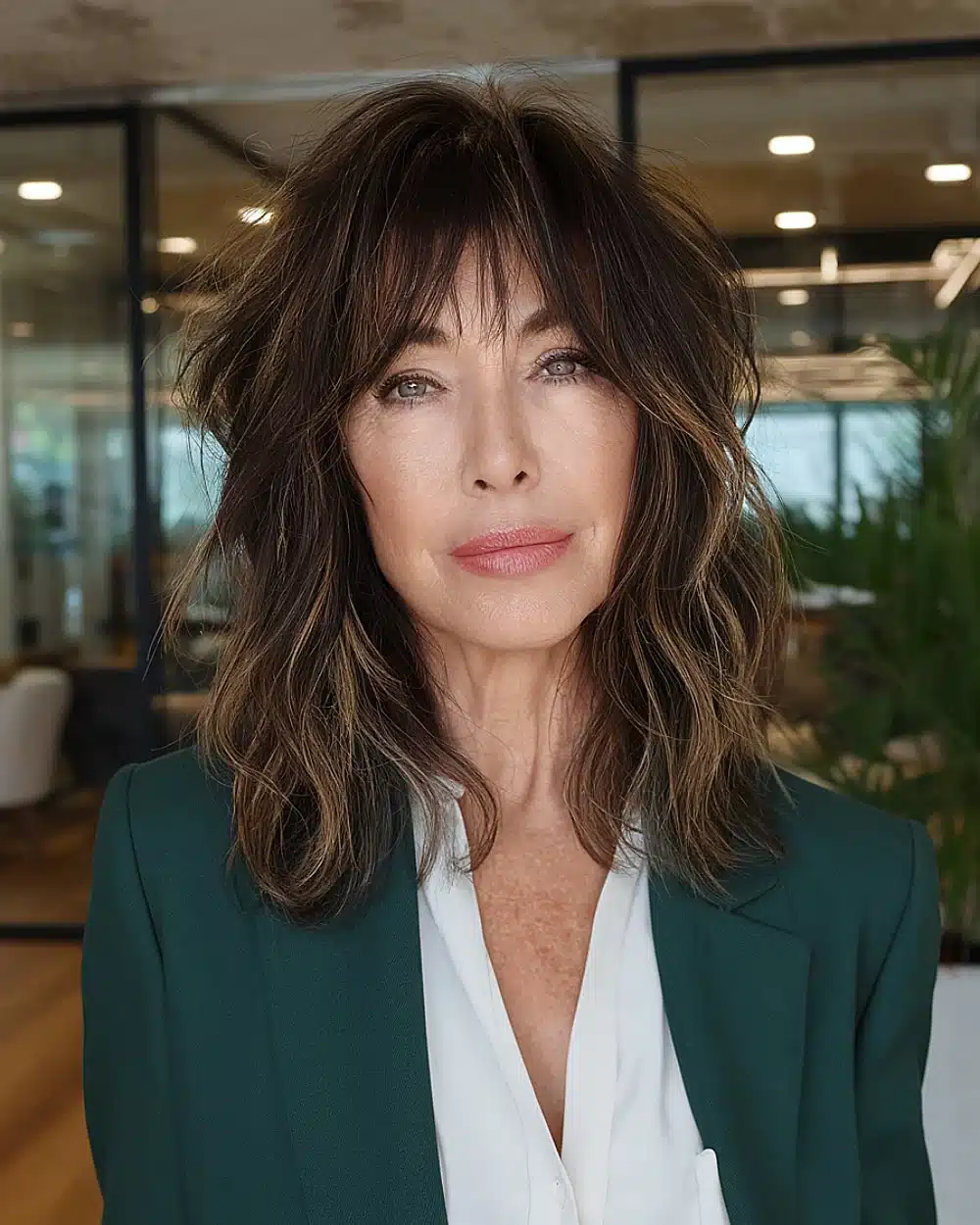 Medium-length shaggy haircut with layered texture and dark brunette base for dimension, showcasing 20+ youthful shaggy hairstyles women over 50 are wearing in 2026
