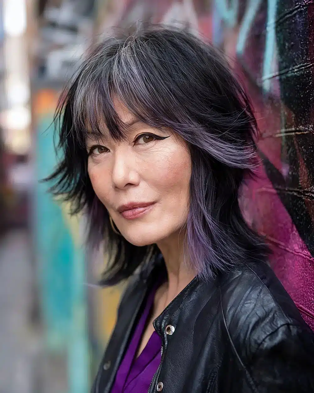 Jellyfish shag haircut with two-tier layers and bold purple accents for women over 50, featuring 20+ youthful shaggy hairstyles women over 50 are wearing in 2026