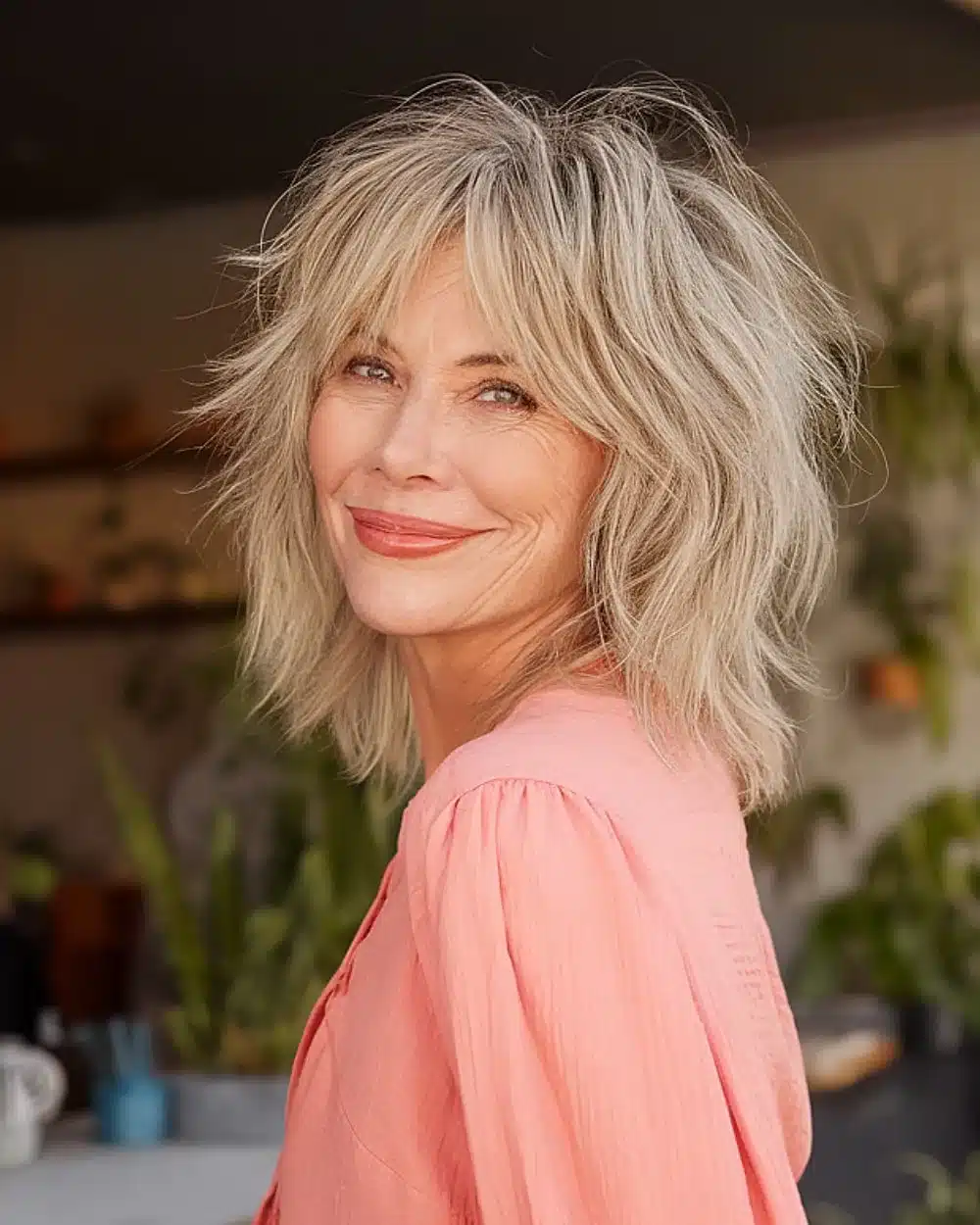 Shoulder-length shag haircut with tousled layers and subtle bangs for women over 50, featuring 20+ youthful shaggy hairstyles women over 50 are wearing in 2026