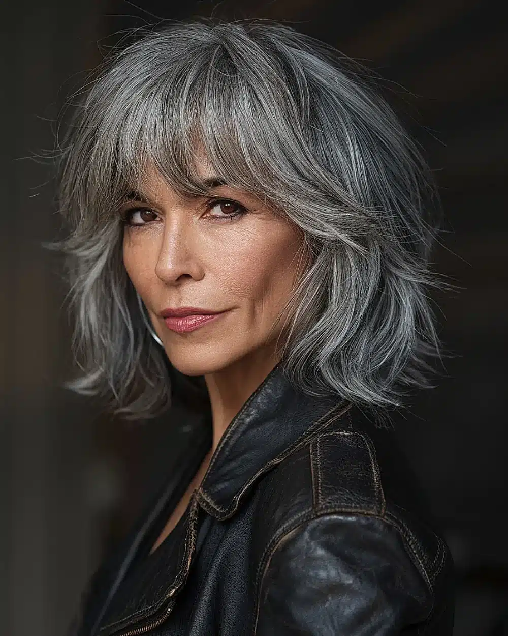 Silver shag haircut with full fringe and textured ends for stylish gray-haired women over 50, showcasing 20+ youthful shaggy hairstyles women over 50 are wearing in 2026