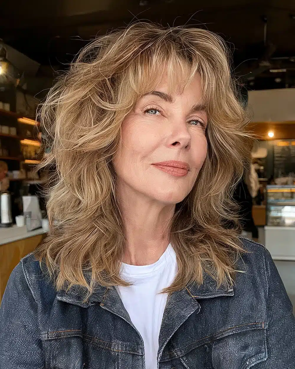 Mid-length shag haircut with voluminous layers and curtain bangs showcasing 20+ youthful shaggy hairstyles women over 50 are wearing in 2026