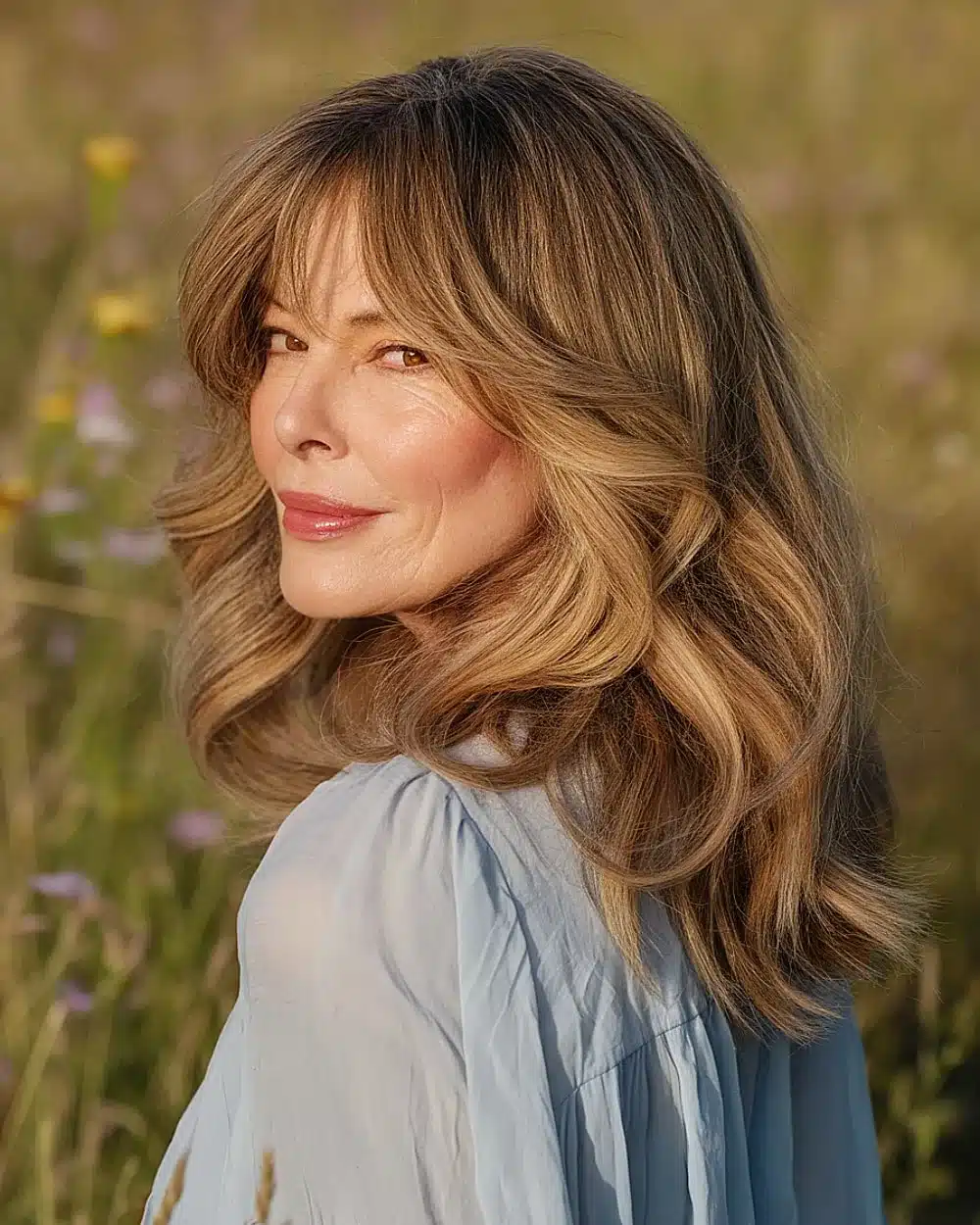 Long butterfly shag haircut with soft face-framing layers featuring 20+ youthful shaggy hairstyles women over 50 are wearing in 2026