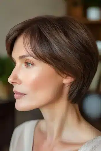 Tapered brunette pixie haircut for thin hair, side view with a clean fade