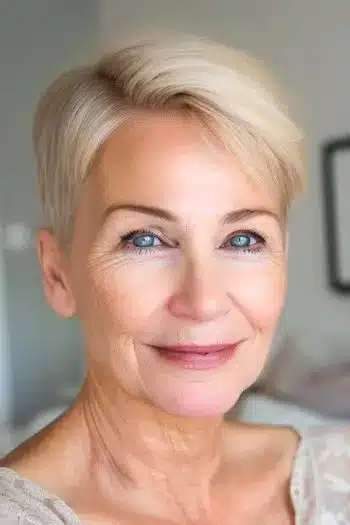 Side-parted blonde pixie haircut for thin hair with a voluminous sweep