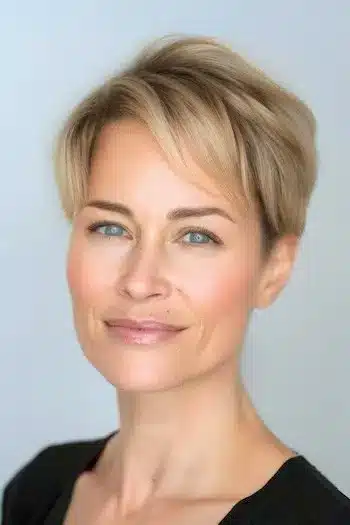 Wispy blonde side-swept pixie for thin hair with soft, separated layers