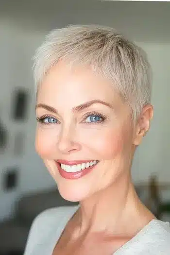 Ultra-short pixie haircut for thin hair with a silvery blonde finish