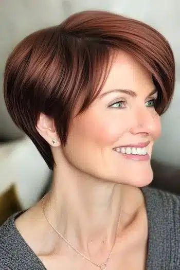 Straight pixie with soft-swept fringe for thin hair, adding gentle volume at the front