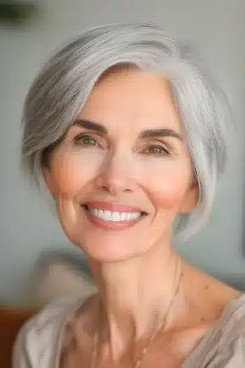 Layered pixie bob for thin hair with gray strands and a bouncy finish