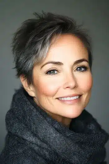 Tousled textured pixie for thin hair with dark brown and gray highlights