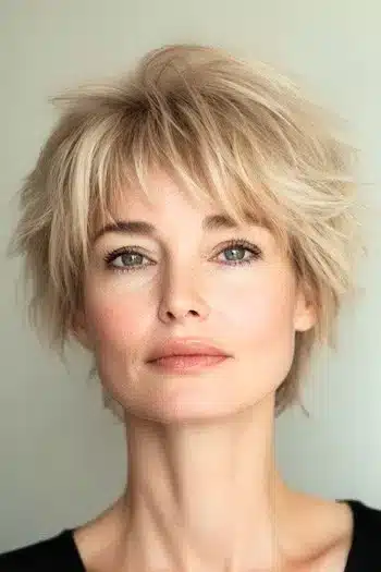 Shaggy pixie haircut for thin hair with choppy, layered blonde strands