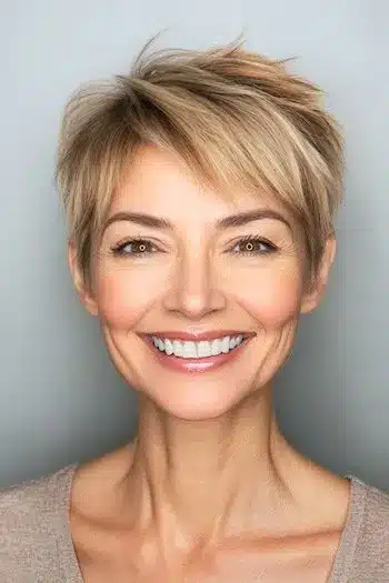Straight tapered pixie haircut for thin hair with a clean, polished finish