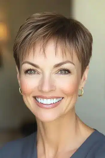Pixie with piecey bangs for thin hair on a smiling older woman with short brown hair