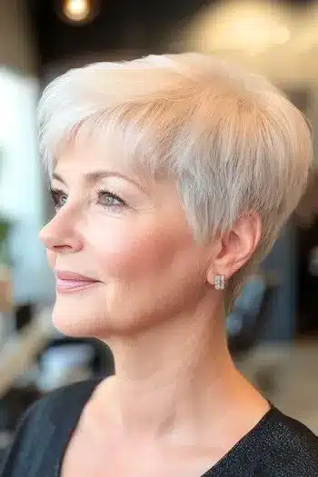 Layered wavy pixie for thin hair on an older woman with short white-gray hair, side view