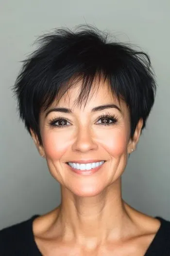 Wispy pixie haircut for thin hair with soft, feathered dark brown strands