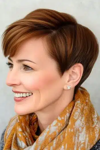 Straight rounded pixie haircut for thin hair, side view with a full crown