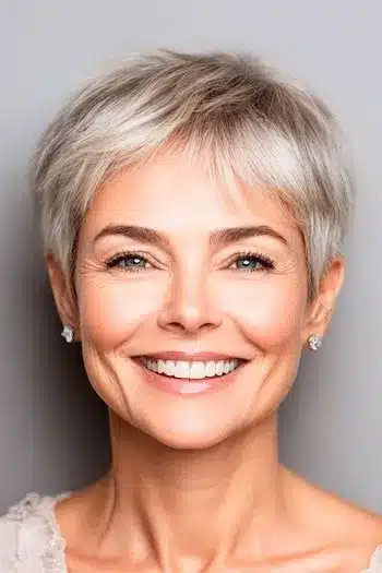 Silver pixie with bangs and tapered sides for thin hair, adding a full fringe