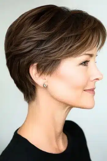 Feathered pixie haircut for thin hair with soft, layered brown strands, side view