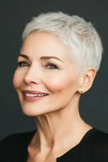 Short thin pixie haircut with wispy layers on a smiling woman with very short gray hair