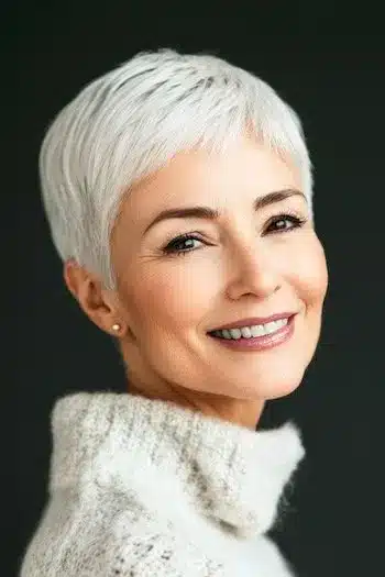 Short pixie haircut for thin fine hair on a smiling woman with short white hair against a dark background