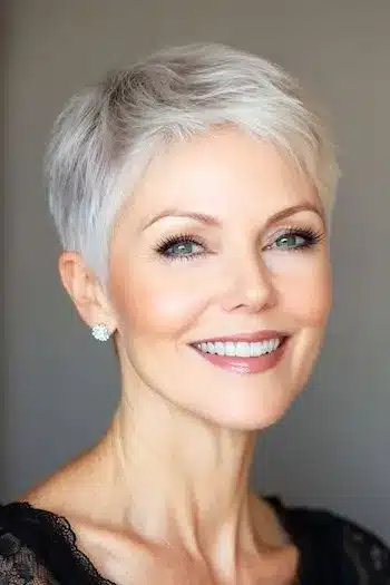Cropped silver pixie haircut for thin hair with a textured, full finish