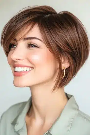Pixie bob haircut for thin hair on a smiling woman with brown hair, side view