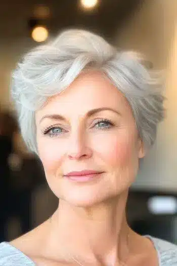 Tousled textured pixie for thin hair on an older woman with short gray hair