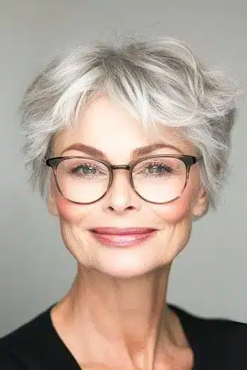 Wispy tousled pixie with glasses for thin hair on a smiling woman with short gray hair