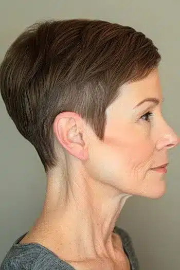 Layered pixie with undercut for thin hair, side view of an older woman with short brown hair