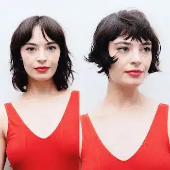 Before-and-after tousled French bob on a woman with brown hair