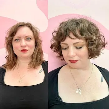 Before-and-after images of a wavy French bob with volume on a woman with brown hair