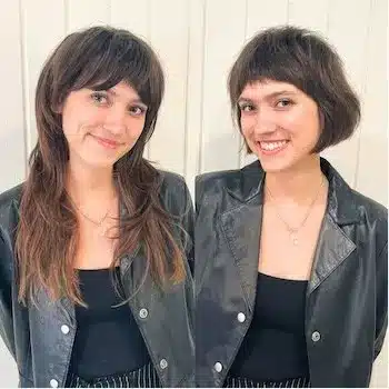 Before-and-after shot of a French bob with subtle layers on a woman with brown hair