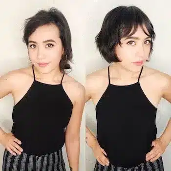 Before-and-after photo of brunette French bob on a woman with brown hair