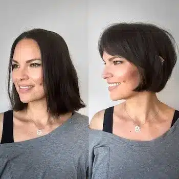 Before and after – curved French bob transformation photos of a woman with brown hair