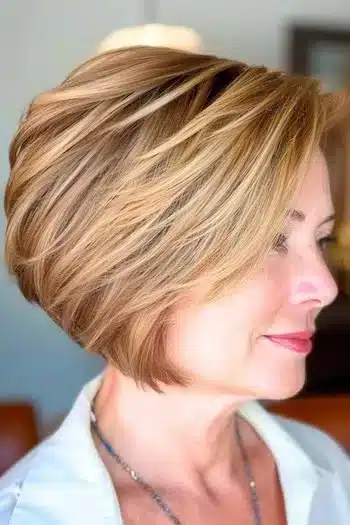 Honey blonde chunky wedge haircut for older women by age, showing bold layered volume
