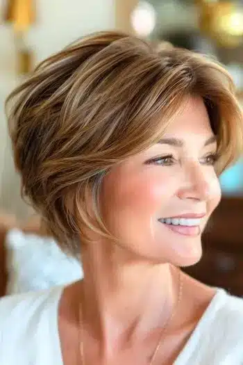 Piecey pixie bob haircut with textured ends, front view of a smiling woman
