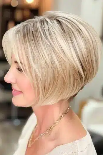 Rounded wedge bob in blonde, side profile of a smiling woman with soft layers